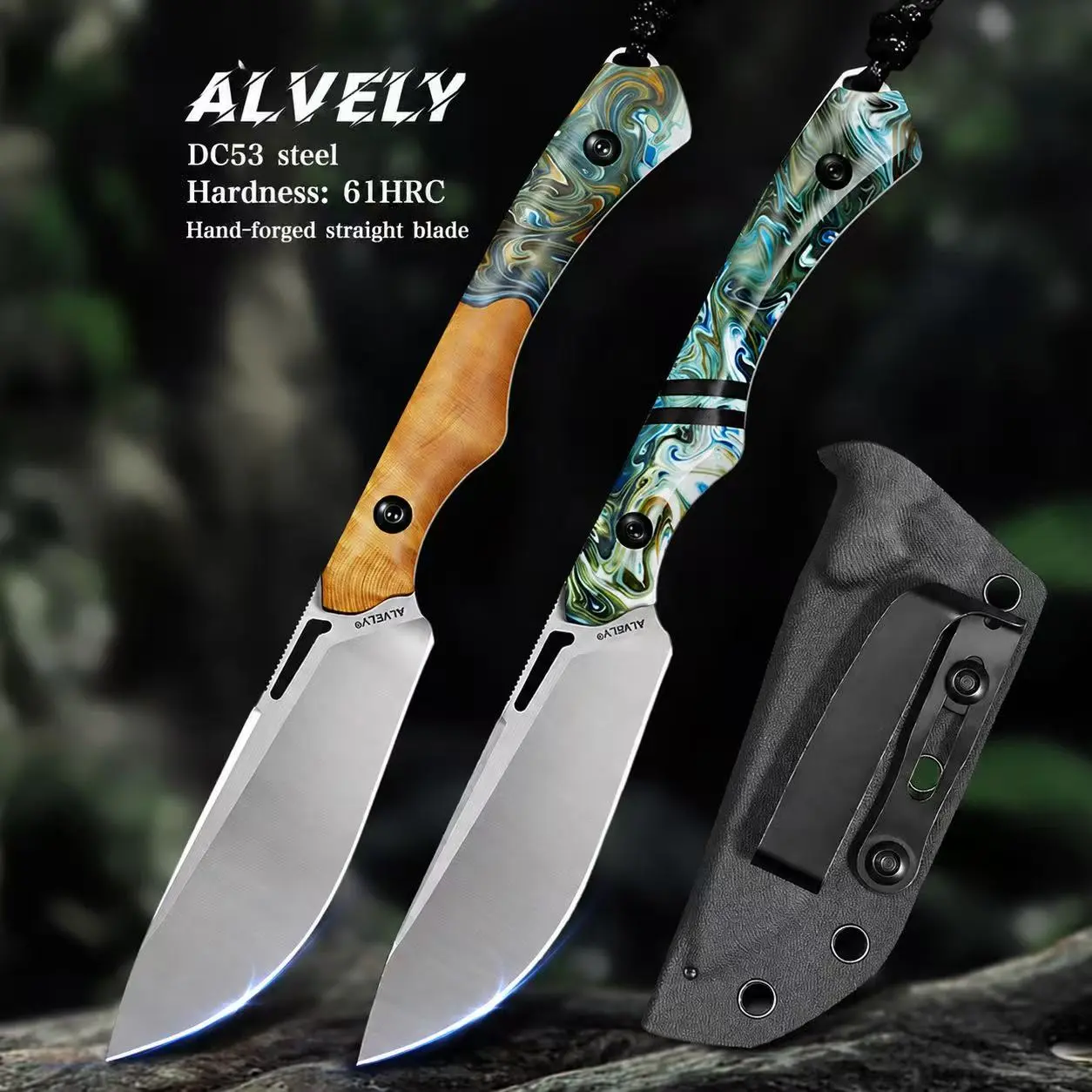 ALVELY Handmade DC53 Steel Fixed-Blade Outdoor Straight Knife, EDC Tool with Tactical Sheath, Colorful Resin Handle for Camping, Hunting, Hiking
