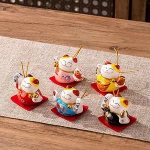 Japanese Lucky Charm White Beckoning Cat Maneki Neko With Waving Arm Figurine 9"