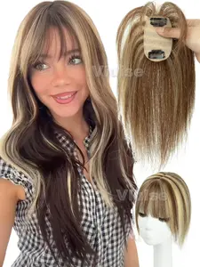 5x9cm Clip-In Forehead Topper, Ombre Highlight Straight Real Human Hair Highlights Clips, Adds Volume & Length, Styling with Bangs, Brazilian Human Hair