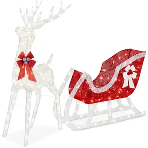 Best Choice Products Lighted Christmas Reindeer & Sleigh Outdoor Decor – 4ft & 5ft Sets w/ LED Lights in Gold, White, Silver & More