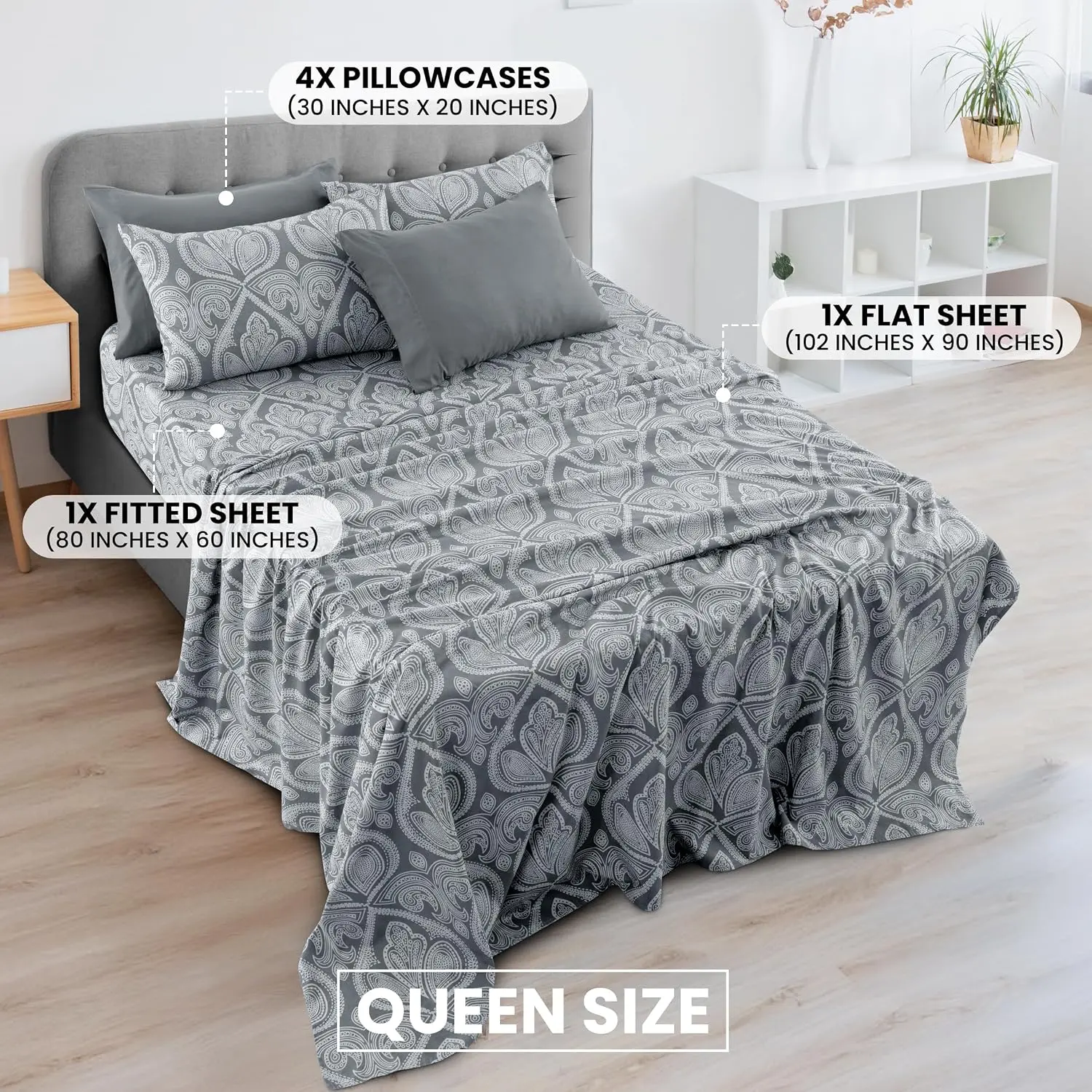 Grey Paisley Sheet Set, Queen - Soft Deep |   Cooling Wrinkle-Free Microfiber, Boho Floral Print |   6 Piece Set: Fitted, Flat Sheet & 4 Pillowcases |   OEKO-TEX, Easy Care