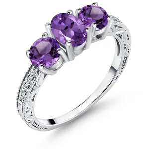 Gem Stone King 1.77 Cttw Purple Amethyst 3-Stone Engagement Ring For Women | 925 Sterling Silver | Gemstone Birthstone | Three Stone Wedding Engagement Anniversary Promise Ring For Women