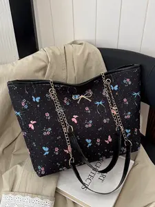 Large Capacity Women's Fashionable Chain Handbag, Cute Nylon Cosmetic Bag, All-Season Stars Pattern, Commuter & Travel Tote