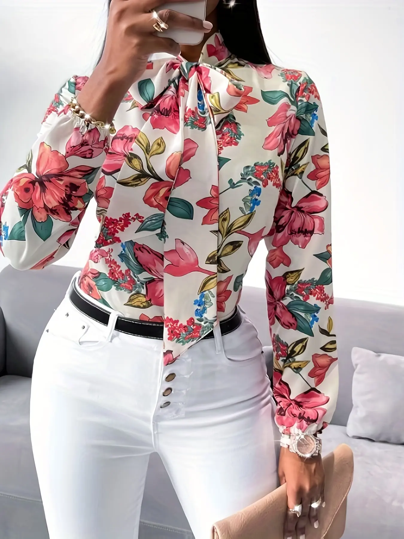 One women's colorful flower-printed bow tie-dye loose Fit woven Fabric blouse with long sleeves, Casual Floral Print, Womenswear shirts, suitable for vacation, commuting and daily wear, Floral, Top