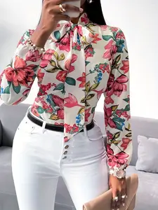One women's colorful flower-printed bow tie-dye loose woven blouse with long sleeves, shirts, suitable for vacation, commuting and daily wear, Floral, Top