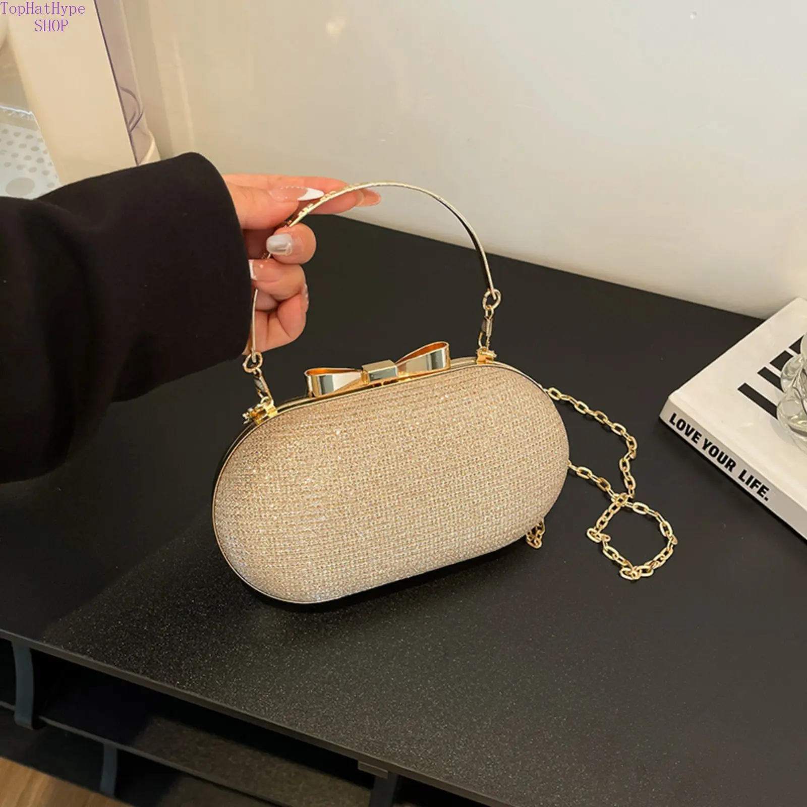 Women's Mini Box Clutch, Structured Metallic Gold Silver Bag with Decorative Top Accent for Formal Banquets, Parties, Mini Clutch, Evening Wear, Wedding, Elegant, Classy Outfits, Formal Events, Structured Look