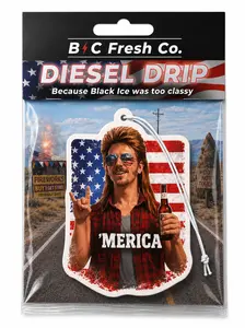 ‘Merica Diesel Drip Car Air Freshener – Black Ice Scent Hanging Car Freshener, Funny Patriotic Truck Accessory, Double Sided