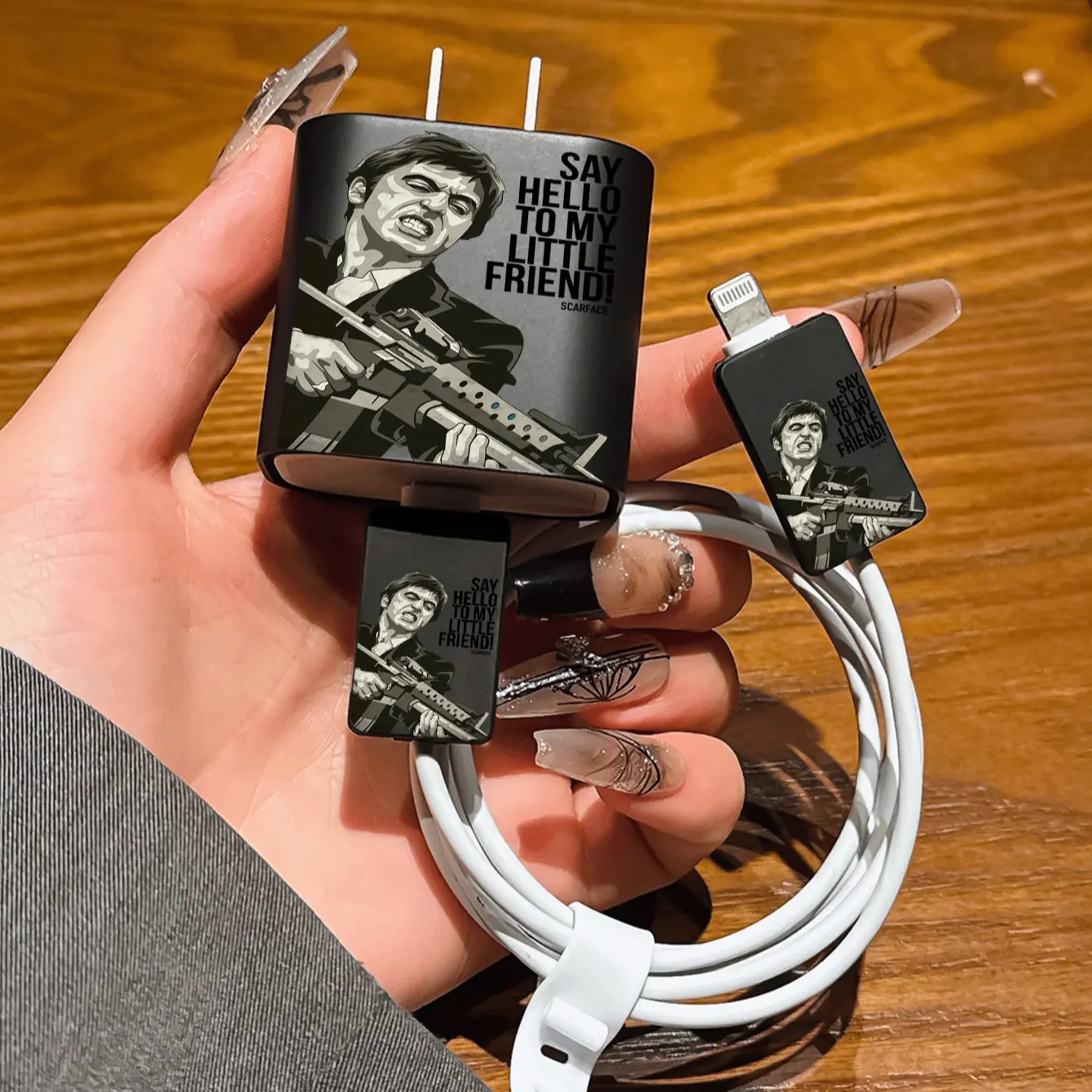Gun Scarface Apple Phone Charger Protector Set, 20w/18w Adapter, Data Cable Organizer Cord Management, Compatible with iPhone 11-16 Series