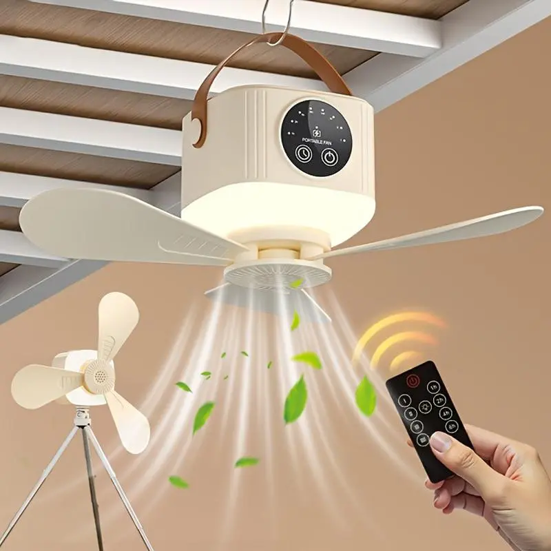Portable Smart Ceiling Fan - Single Unit, LCD Display, Remote Control, USB Rechargeable Quiet Fan with 4 Speed Settings, Timer Night Light, Indoor/Outdoor Home Decor, Room Decor