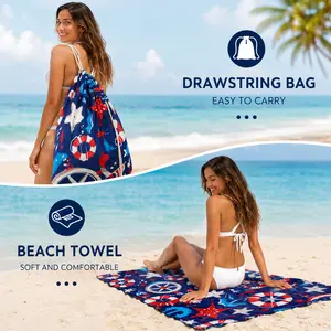2-in-1 Oversized Beach Towel Backpack - Sand Free Quick Dry Convertible Beach Mat & Drawstring Bag for Pool, Travel, Vacation Accessories - Nautical Print
