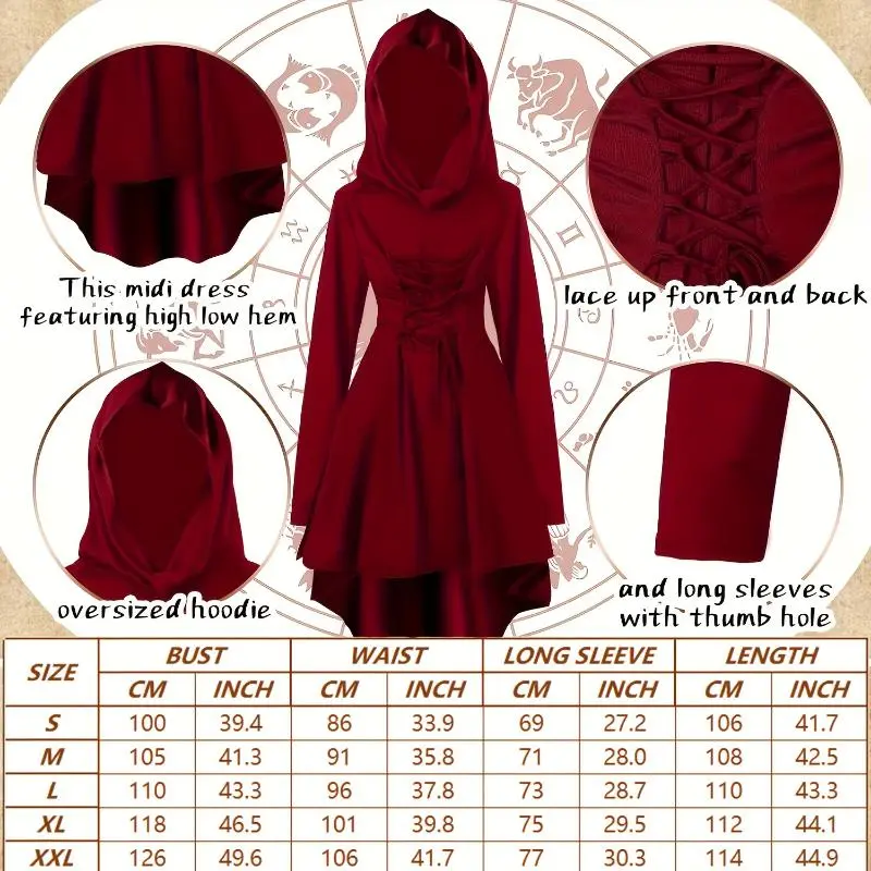 Retro 2026 5pcs Medieval Hooded Robe Costume Set - Red Renaissance Elf Attire with Corset & Tights for Women FP 560152 Womenswear Clothes, New In, Travel Outfit, Go To, Statement, Poolside