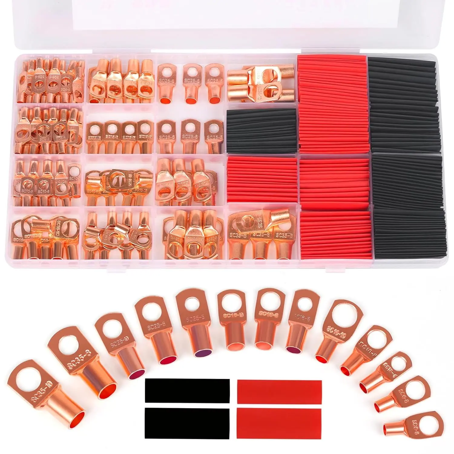 260Pcs Bare Copper Ring Terminal Wire Lugs Set, 120Pcs Battery Cable Eyelet Connectors +140Pcs Heat Shrink Tubing, Fit AWG12/10/8/6/4/2 Cables, Heavy-Duty Electrical Terminal Connection Kit