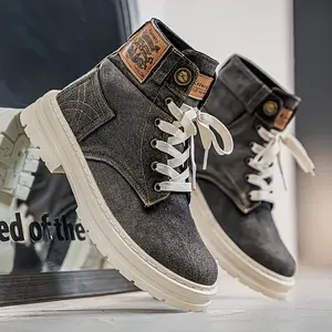 High-Top Denim Ankle Boots - Solid Color, Casual Sports Style, All-Season, Lace-Up, Fabric Upper, PVC Sole, Round Toe, for Men and Women