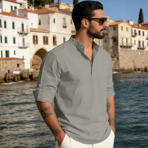 Men's Linen Henley-Collar Solid-Color Long-Sleeve Casual Shirt - Lightweight, Loose-Fit for Larger Sizes, Natural Fabric Wicks Sweat for Cool, Non-Stuffy Wear