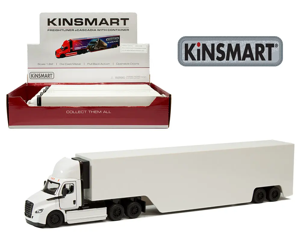1:62 Freightliner eCascadia with Container Plain White, Pull back Action, Open Doors, by Kinsmart – Display Tray Box of 4