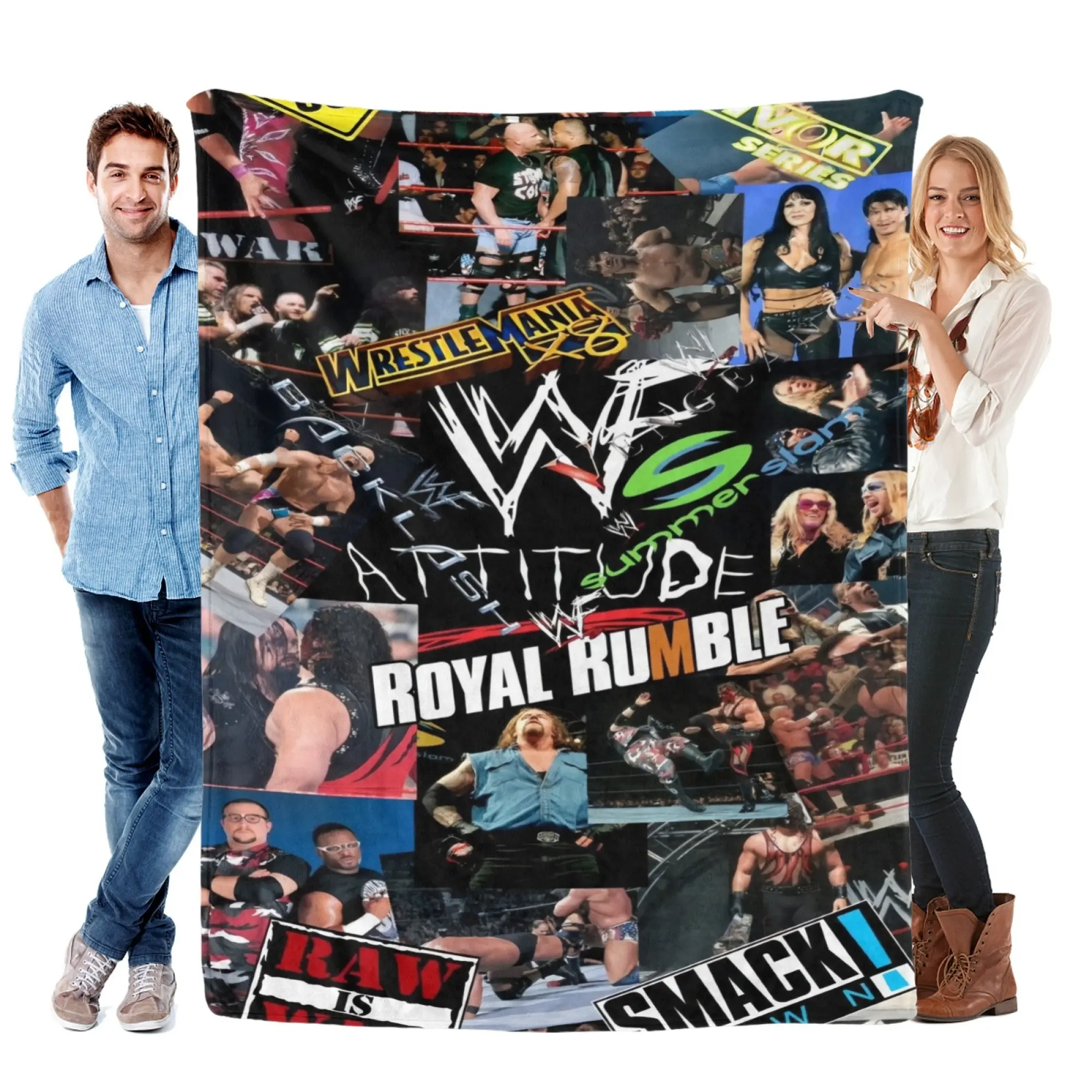 WWE Attitude Era WWF Vintage Wrestling Photo Collage Flannel Throw Blanket, Premium Ultra-Soft Warm Thick Fluffy Flannel Blanket, Wrestling Home Decor for Sofa, Bed, Living Room, Man Cave, Perfect Gift For WWE Fans Wrestling Lovers
