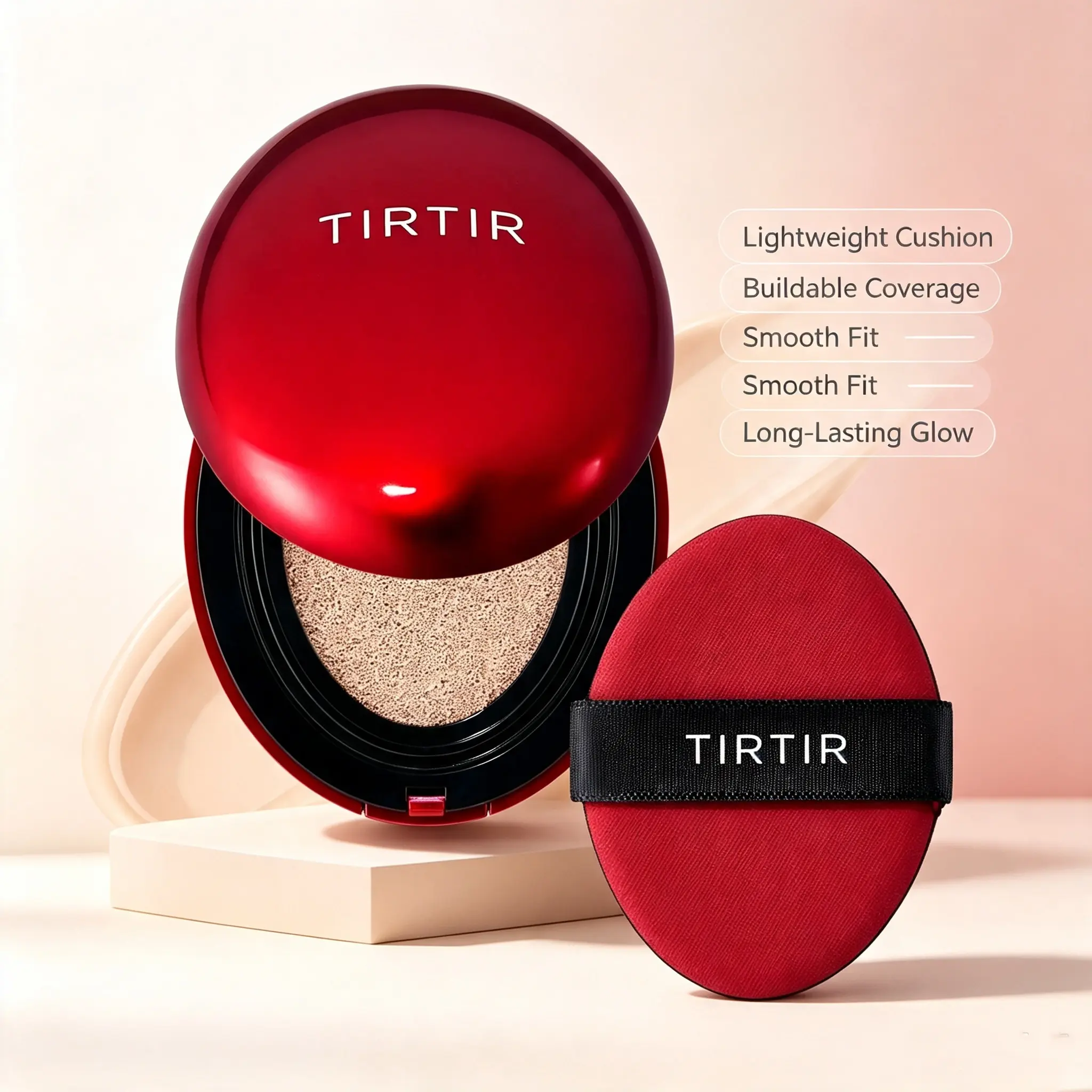 TIRTIR Mask Fit Red Cushion Foundation - Buildable Medium-Full Coverage, Long-Lasting Satin Glow Finish, Lightweight Face Makeup for All Skin Types, Includes Cushion Puff Compact Cosmetic