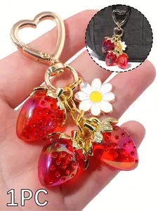 Cute Strawberry Daisy Keychain, Heart Resin Bag Charm with Metal Ring, Strawberry and Daisy Pendant, Perfect Gift for Women Girls Teens
