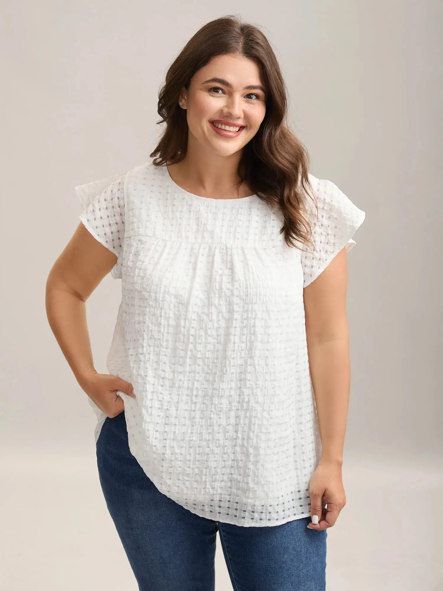 BloomChic Women's Plus Size Casual Ruffle Blouse - Smooth Fitted Short-Sleeve Flutter Top, White Smoke Round Neck, Textured Sheer Lined, Lightweight Spandex-Polyester Fabric, Cap-Inclusive Shirts for Office Outfits, M-6X  Womenswear