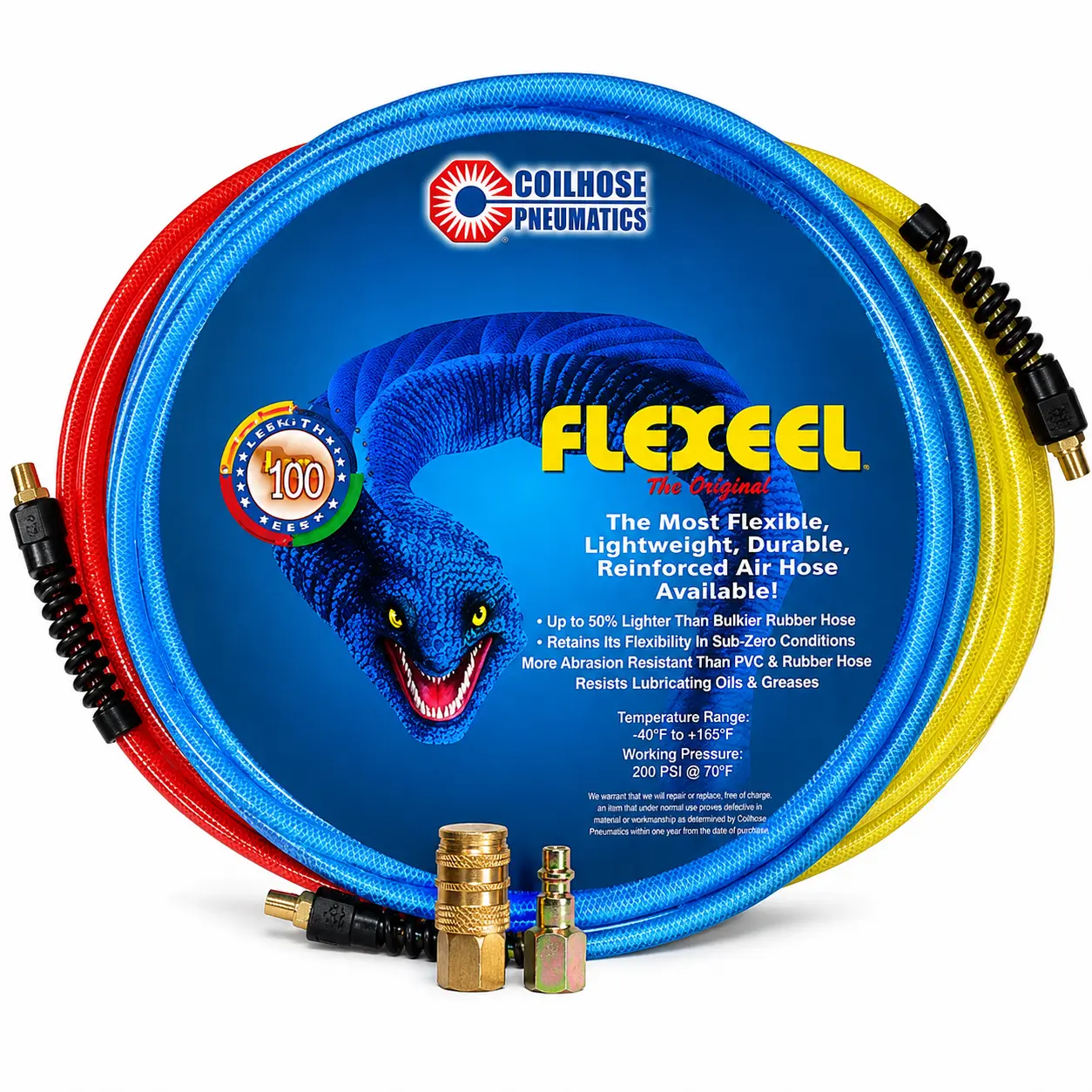 Coilhose Pneumatics Flexeel Polyurethane Air Hose, 100 ft 1/4 in, Extremely Lightweight & Resistant, Included Connectors (Power Tool Accessory)