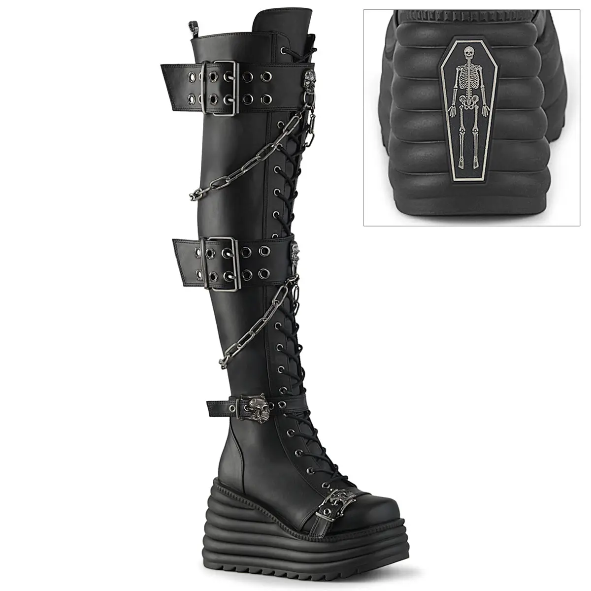 Demonia Morte-312 Thigh-High Boots with 4 1/2" Wedge Platform for Women - Black Vegan Leather