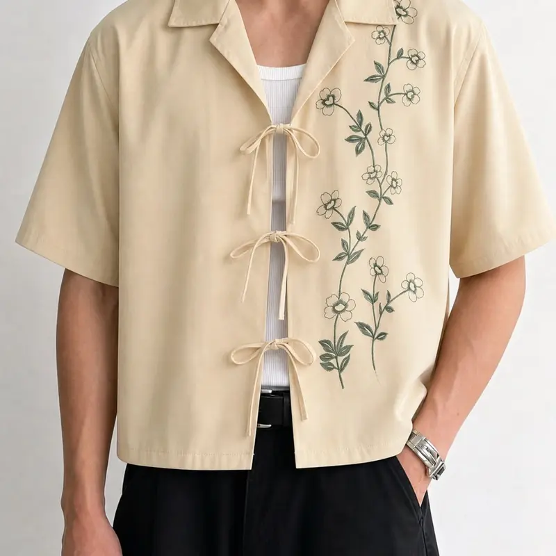 Men's INCERUN Short-Sleeve Floral Embroidered Casual Daily Shirt, Comfortable and Stylish Design Top for Everyday Wear, Floral Embroidery Shirt