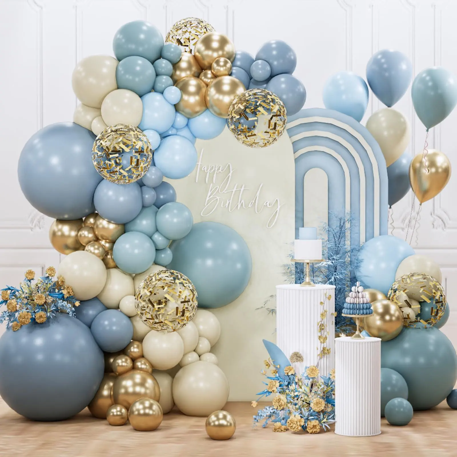 PartyWoo Dusty Blue Balloon Arch Kit 142pcs Different Sizes 18 12 10 5 Inch | Baby White Sand Gold Confetti Boho Balloons for Baby Shower Gender Reveal Birthday Graduation Party Decorations