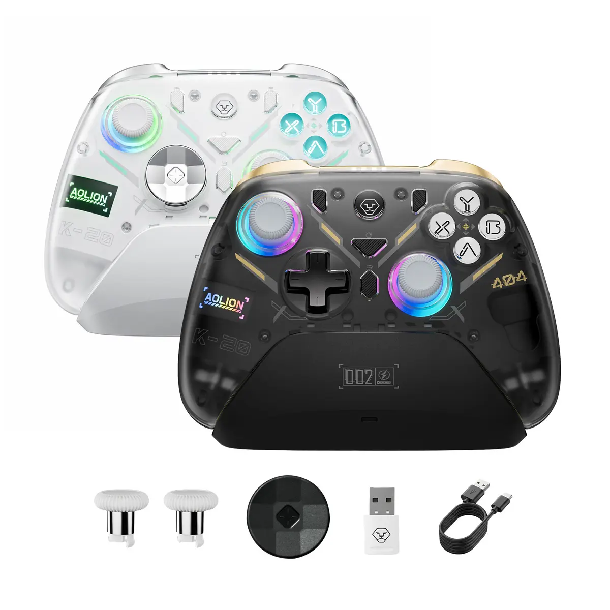 AOLION K20 Wireless Game Controller (Not for PlayStation/Xbox) - Anti-Drift Hall Effect Gamepad with Charging Dock, RGB Lighting, Swappable D-Pad, Cable Included, Compatible with Switch, PC, iPad, Smartphone - Accessories for Gamers