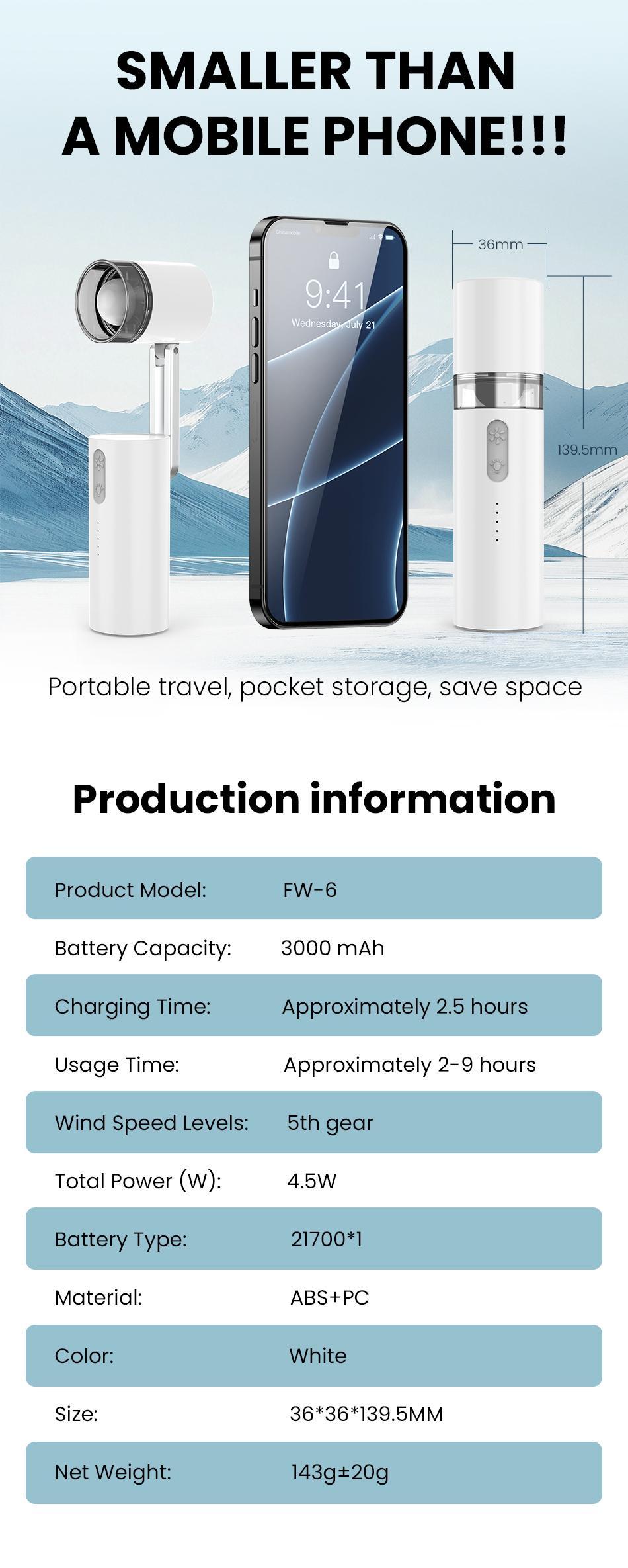 IMOLI FW-6 Portable Handheld Fan,Foldable Ultra-High-Speed "Turbo" Fan,LED Light, 5 Speed Settings,Quiet,Ideal for Outdoor,Travel,Camping,Sports, Office