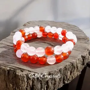 Carnelian Rose Quartz 2 Piece Bracelet Set 8mm Natural Stones Stretches For Love Compassion Calming Energy Healing Jewelry Red Crystal Solstice Gemstone Anklet