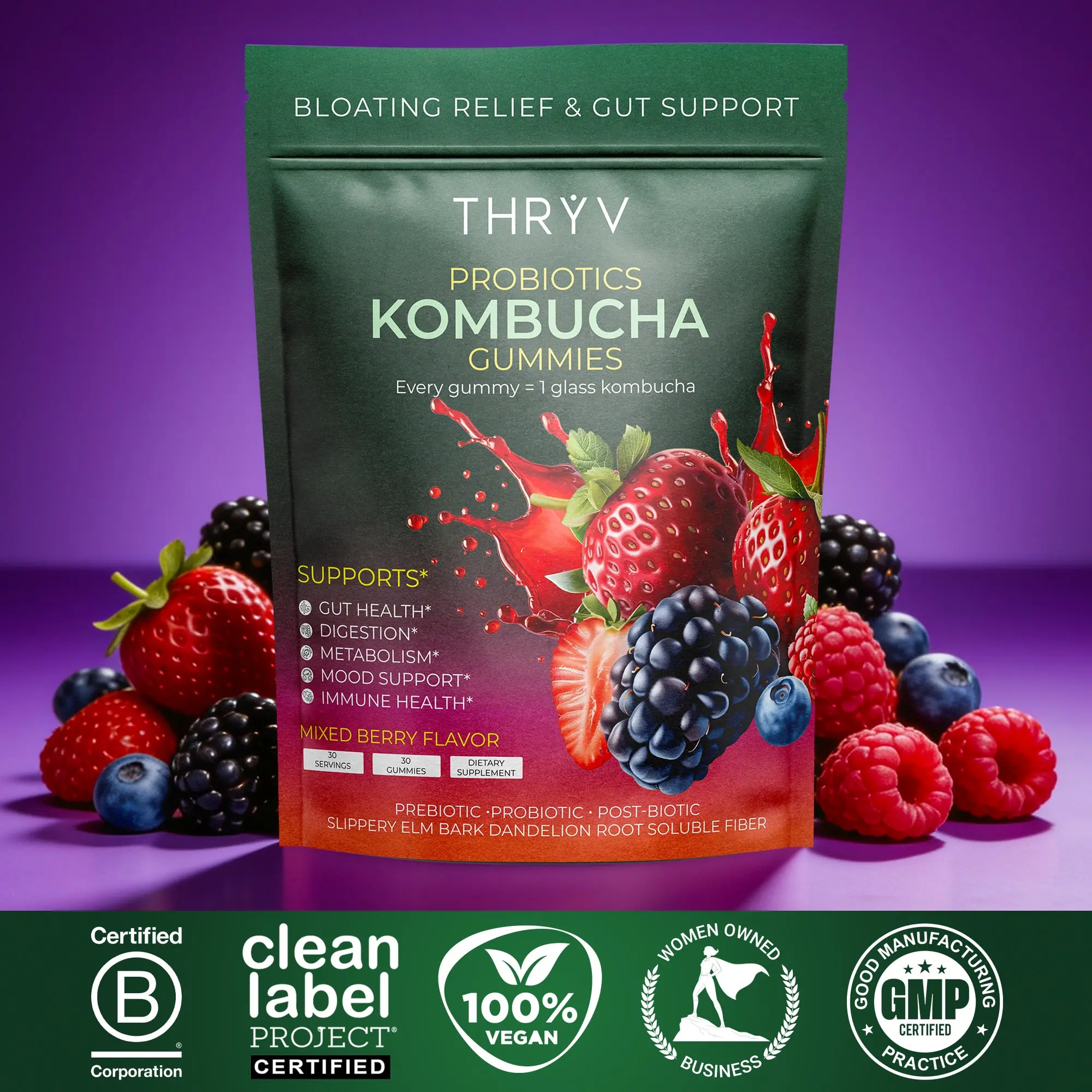 THRYV- Probiotic Kombucha Gummy - Prebiotics, Probiotics, Postbiotics, Fiber Supplement, Slippery Elm, Dandelion Root, for Bloating, Gut Health - For Women and Men