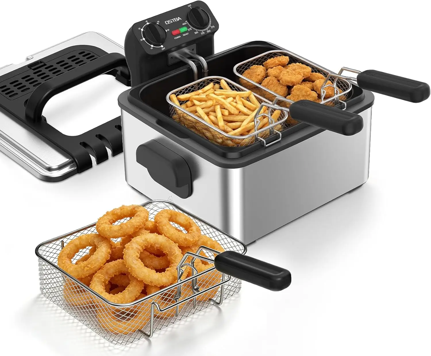 OSTBA Electric Deep Fryer with 3 Baskets, 1700W Stainless Steel Deep Fryer, 4.75QT Countertop Oil Fryer with Adjustable Temperature, Viewing Window, Odor Filter and Removable Oil Container