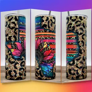 Serape and leopard print tumbler, western tumbler sublimation tumbler, 20oz skinny tumbler, Country tumbler design,Tumbler straw and lid