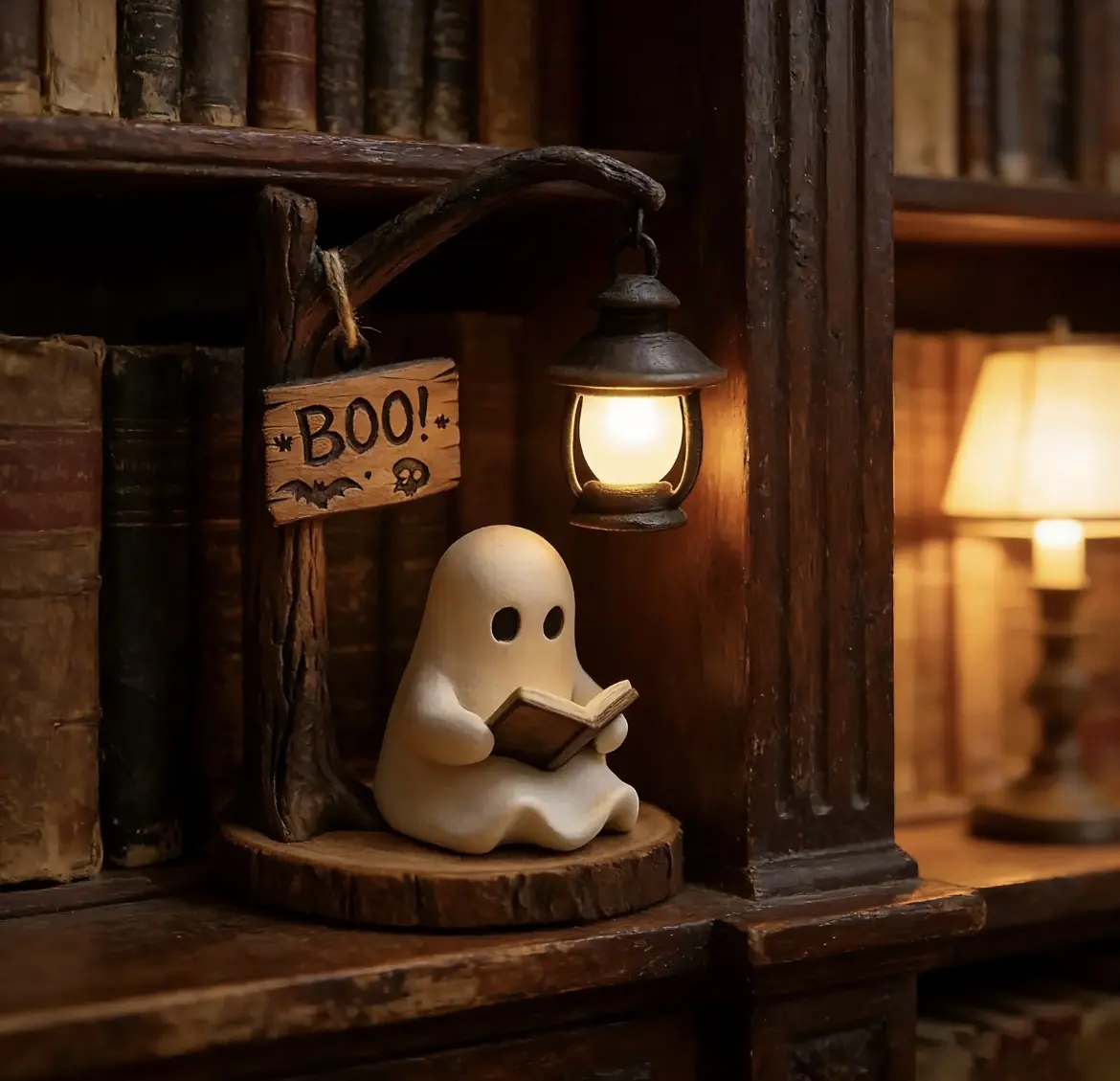 Elegant Ghost Reading Book Resin Lamp, Halloween Themed Decor Table Light, Indoor Bedroom Living Room Office Decorative Night Lamp