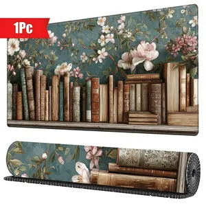 Rustic Vintage Bookshelf Floral Romantic Design Extended Gaming Mouse Pad with Stitched Edges Non - Slip Rubber Base Desk Accessories Perfect Gift for Home Office Computer Desk 15.7x35.4inch