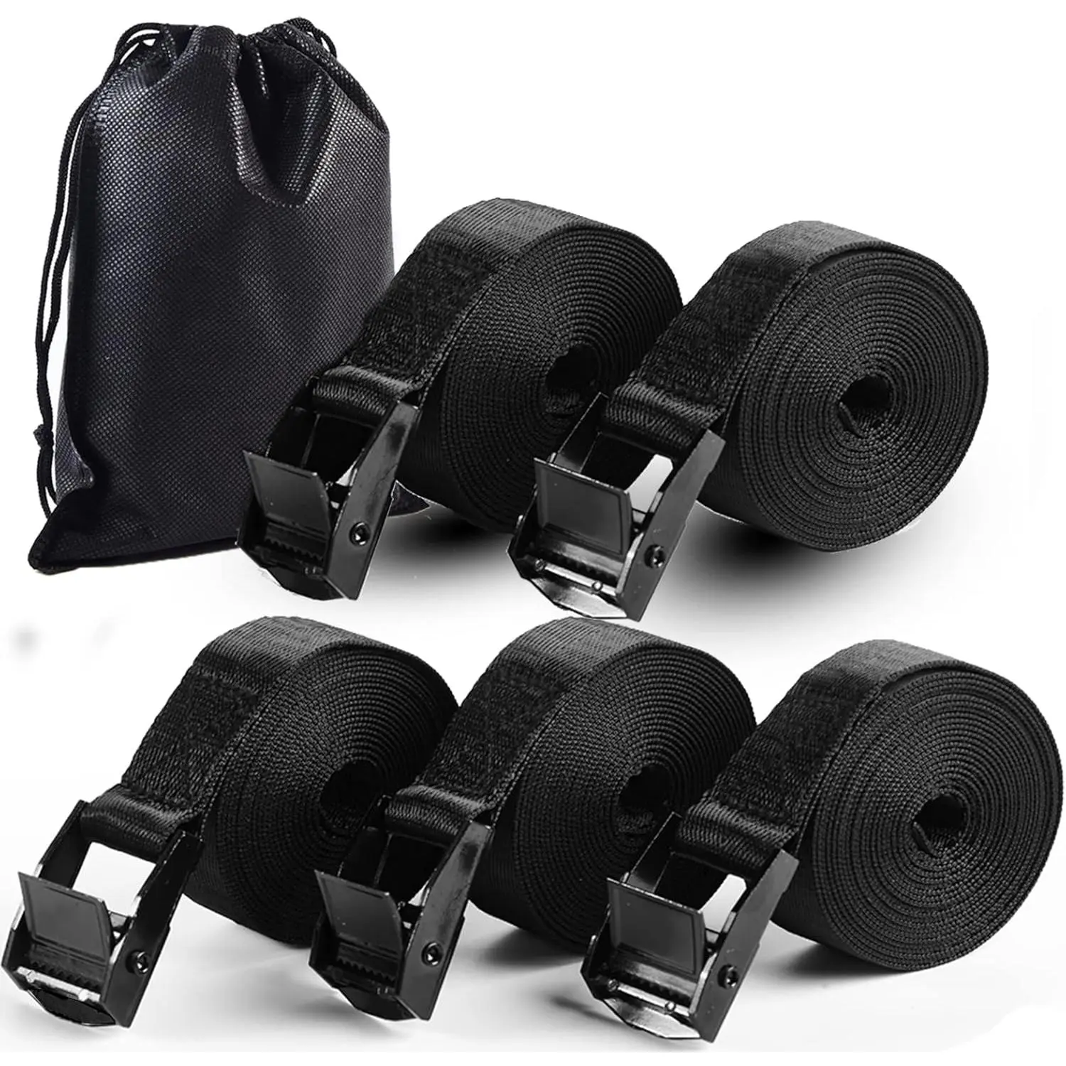 5Pack Cam Buckle Tie Down Straps, 1" x 4 ft Heavy Duty Lashing Secure Strap Adjustable Black Pull Cinch Strap for Kayak, Cargo, Luggage, Bicycles,,  Roof Rack, Moving