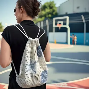 Knitted Drawstring Backpack Featuring Starfish And Shell Designs for Spring And Summer, with a Spacious Hollow Mesh Style Perfect for Commuting