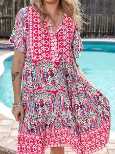 Women's V Neck Open Front Printed Dress Summer Bohemian Style Beachwear, Casual Fashionable Women Dresses for Daily Wear