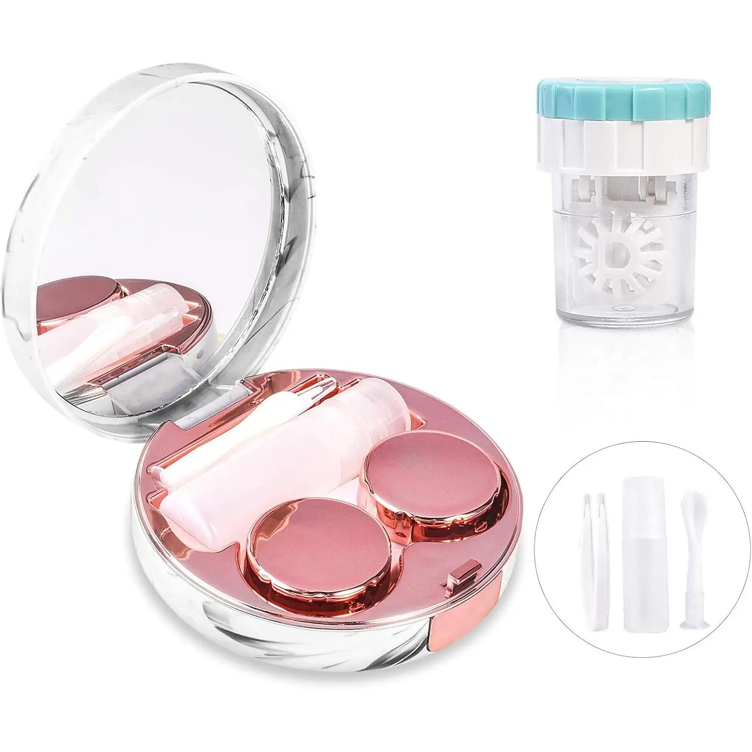 Contact Lens Travel Kit with Cleaner Washer, Portable Contact Box with Mirror Tweezers Remover Tool Solution Bottle for Daily Outdoor