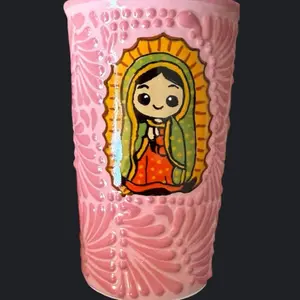 Termo tumbler Talavera Virgen de Guadalupe Character 450ml/ 15 oz  includes lid Drinkware Mug Cup Washable Reusable Coffee Original Talavera birthday gift for her coquette kitchen home decor handmade pink