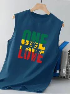 Men's Letter Lemon Print Round Neck Sleeveless Vest, Casual Comfortable Top for Tropical Summer Outdoor Fitness, Fitted Style