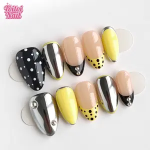 Yellow Chrome Handmade Press-On Nails | Short Almond Shape, 10pcs | Edgy Y2K Yellow Chrome Design | Butter Yellow Solid & Silver Chrome & Polka Dot Accents | Reusable DIY Nail Kit Set for Women | Trendy Nails for Spring, Summer, Parties & Daily Wear