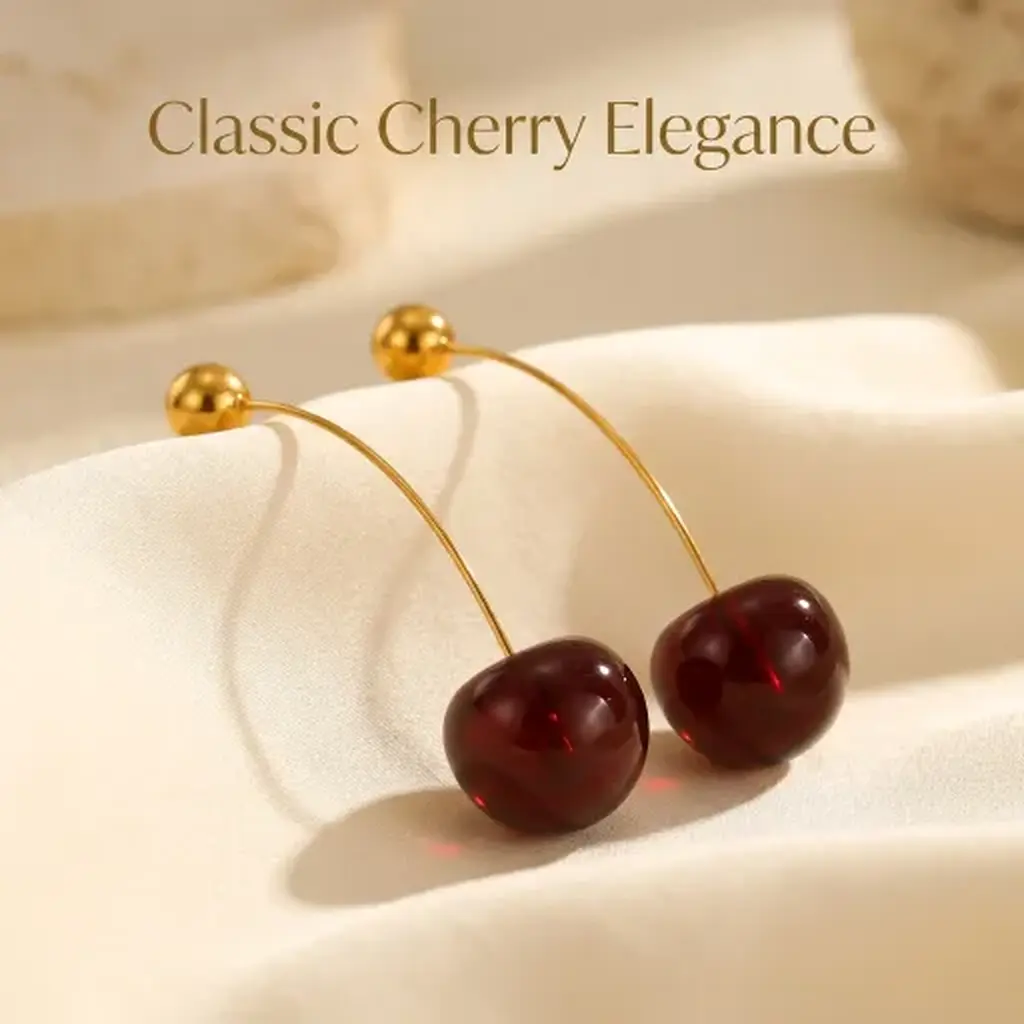 Sweet  Cherry Drop Earrings ,Gold Plated Long Chain Ear threader ,Hypoallergenic Stainless Steel Ear Jewelry ,Cute Earrings, Earrings for Decorative, Fashionable Jewelry Accessories
