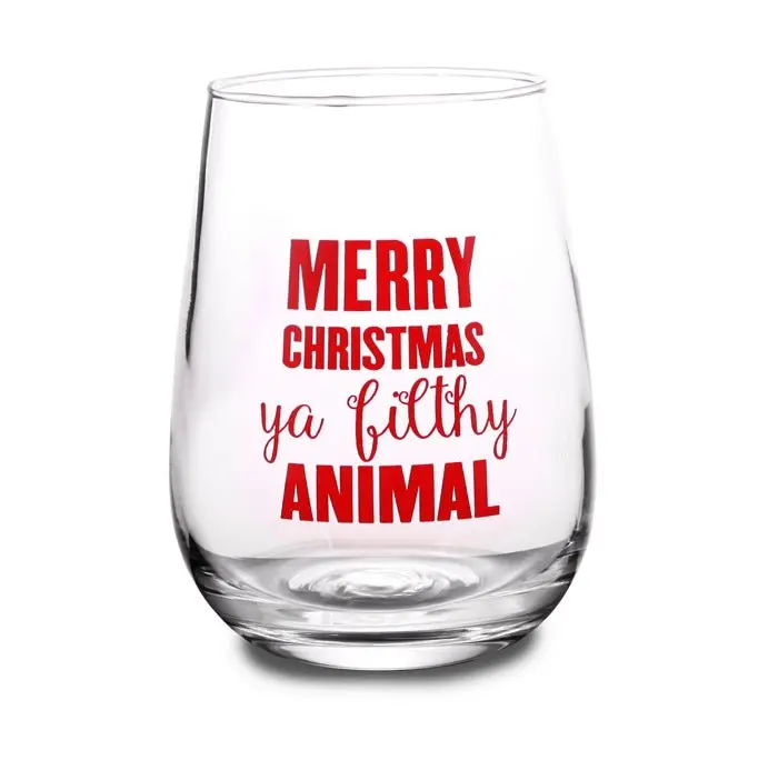 Hand-Blown Glass Stemless Wine Glass, "Merry Christmas Ya Filthy Animal" Printed Drinkware for Cocktails, Hand-Blown Glass Glasses