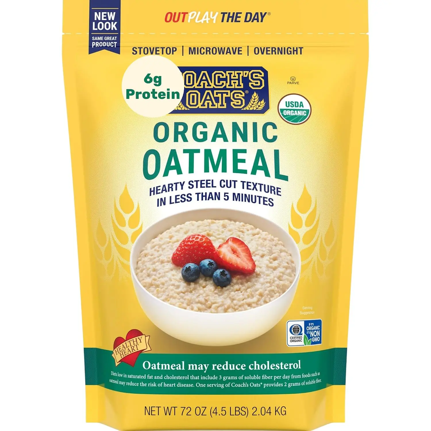 Coach Oats Organic Oatmeal, Hearty Steel Cut Texture in Less Than 5 Minutes, 6g Protein, 72 oz