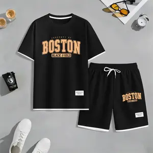 Men's Boston Print Waffle Fabric Short-Sleeved Shirt And Shorts Set