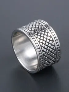Men's Stainless Steel Ring, Vintage Plaid Pattern Wide Band Design, Trendy Fashion Accessory for Daily Wear & Special Occasions