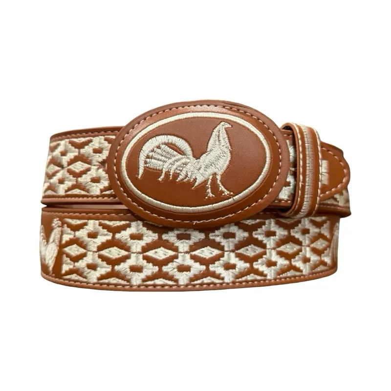 Western Style Embroidered Rooster Leather Belt Cinto Bordado Vaquero con Gallo de Piel