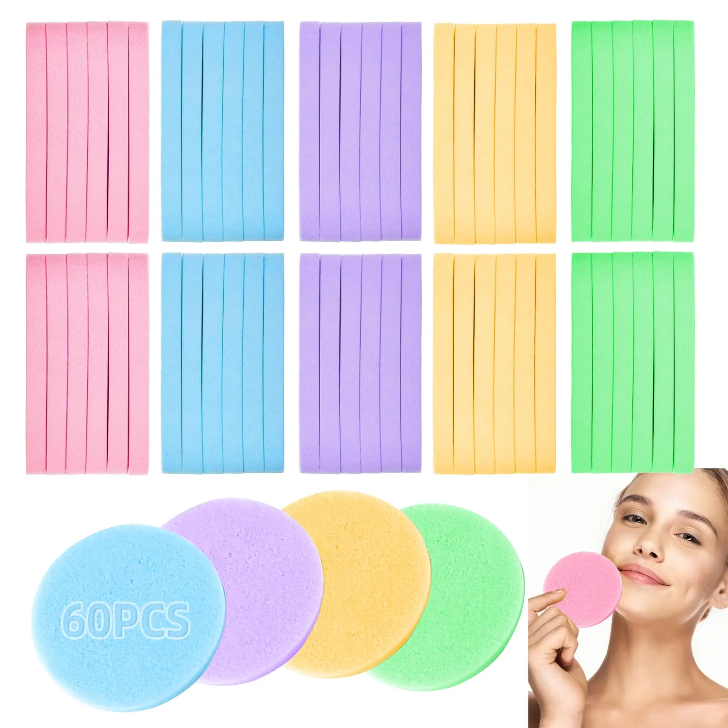 60/120 Pack Compressed Facial Sponges, Facial Cleansing Pads, Soft Cleaning Pads for Makeup Removal & Exfoliation, Women & Girls Round Face Wash Sponge, Makeup Remover Tool