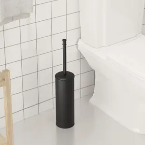 BESy Toilet Brush and Holder, Toilet Cleaner Bowl Set with Two Brush with Extra Long Handle, Durable Bristles Toilet Scrubber and Covered Holder, Drip-Proof Stainless Steel Matte Black
